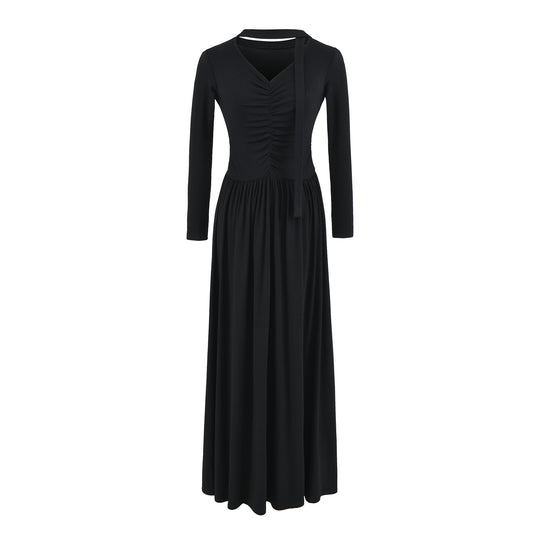 Damen Langes Jersey-Maxikleid mit Raffung, V-Ausschnitt und Bindeschal Nord Taschen