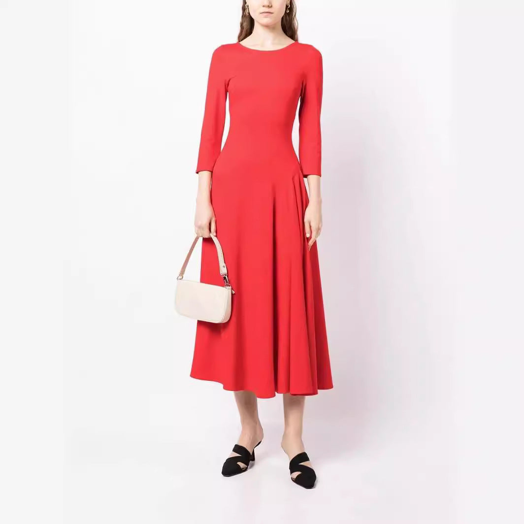 Damen Elegantes Midikleid mit tailliertem A-Linien-Schnitt und dreiviertel Ärmeln Nord Taschen