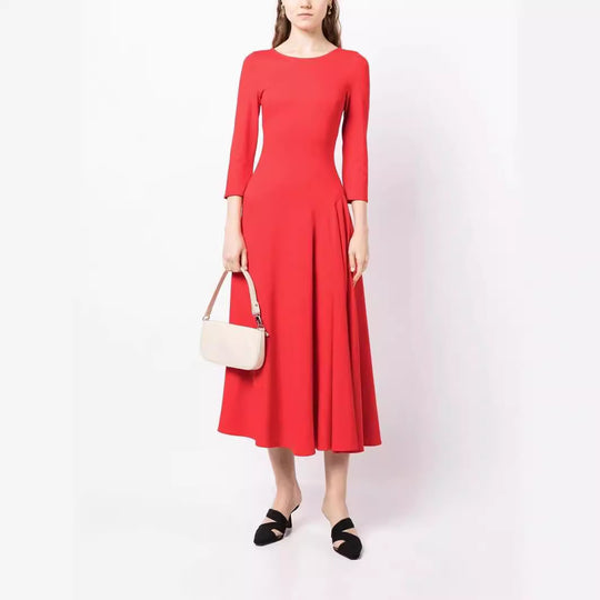 Damen Elegantes Midikleid mit tailliertem A-Linien-Schnitt und dreiviertel Ärmeln Nord Taschen