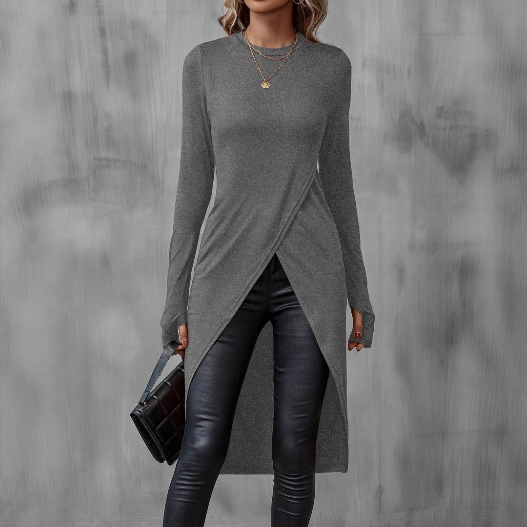 Damen Asymmetrische Langarm-Tunika mit Wickel-Saum Nord Taschen