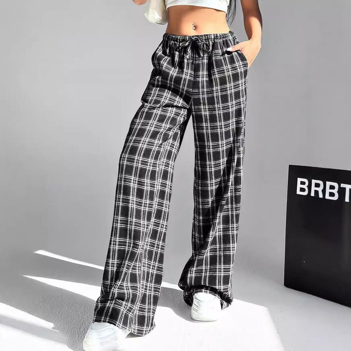 Damen weite Karo-Hose aus angenehmem Baumwollstoff mit Gummibund und seitlichen Taschen