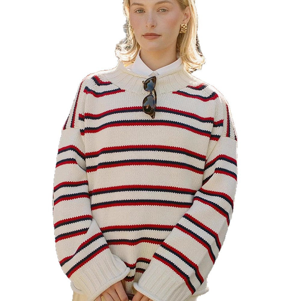 Damen Oversize gestreifter Baumwollmix-Pullover mit weitem Schnitt und Rippbündchen Nord Taschen