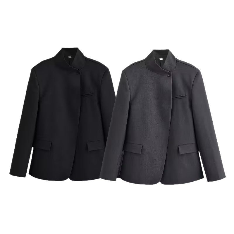 Damen Strukturierter Kurzblazer im Minimalstil mit Stehkragen und verdeckter Knopfleiste Nord Taschen