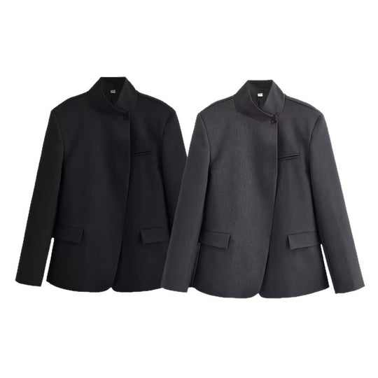 Damen Strukturierter Kurzblazer im Minimalstil mit Stehkragen und verdeckter Knopfleiste Nord Taschen