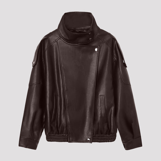 Damen Oversize-Kunstlederjacke mit hohem Stehkragen und asymmetrischer Blende Nord Taschen