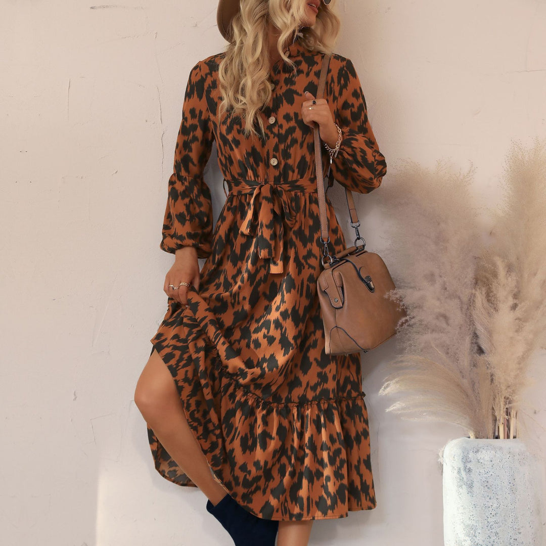 Damen Viskose-Midikleid mit Leoparden-Print, verdeckter Knopfleiste, Taillenband und Stufenvolant Nord Taschen