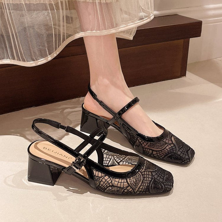 Damen Slingback-Pumps mit floralem Spitzenmuster und elegantem Blockabsatz