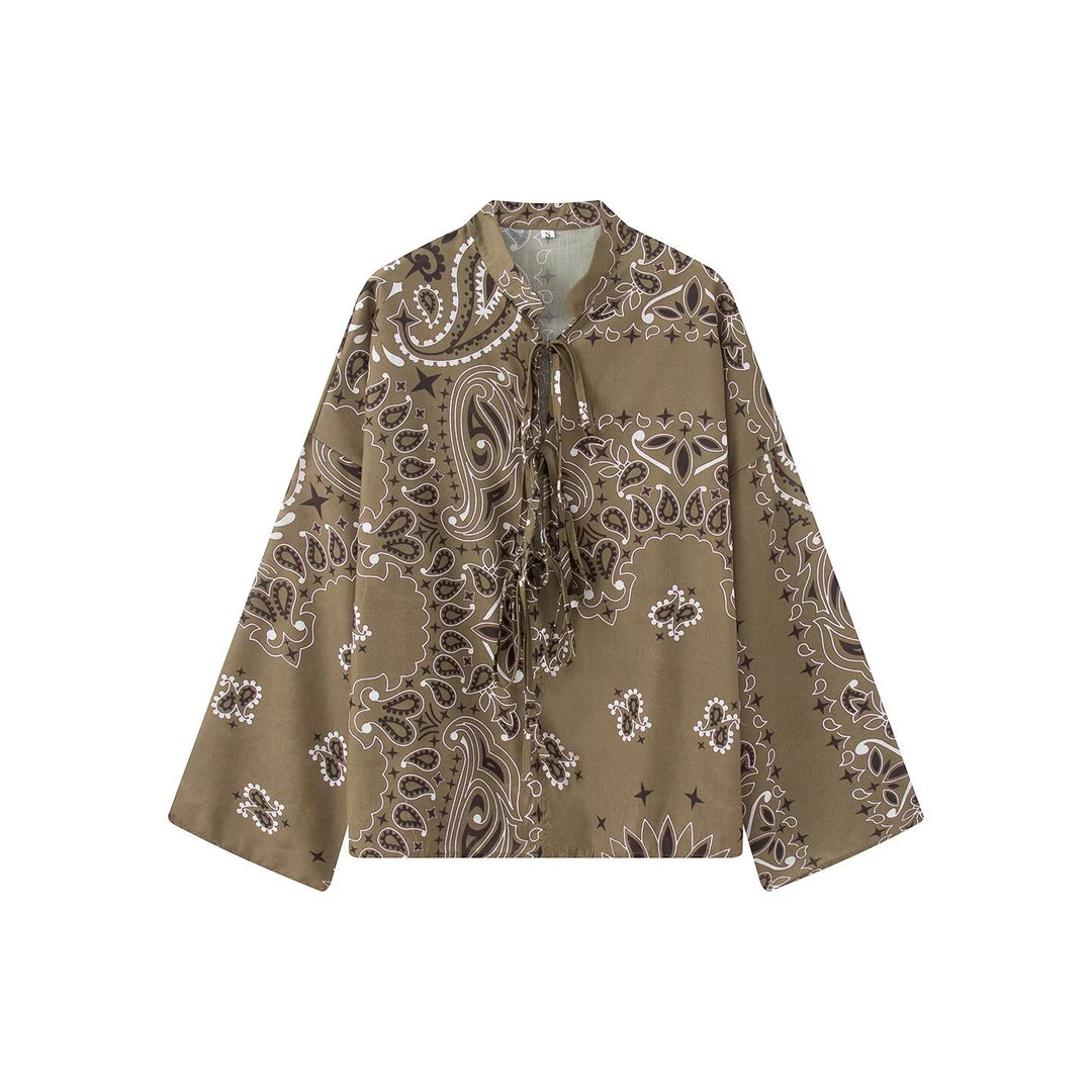 Damen Zweiteiliges Satinoptik-Lounge-Set mit Paisley-Print, Kimonokragen-Bluse und weiter Culotte-Hose Nord Taschen