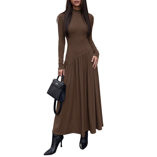 Damen Elegantes Maxikleid mit langen Ärmeln und hohem Kragen Nord Taschen