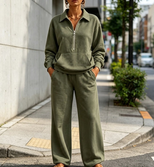 Damen Lässiges Sweat-Set mit Halbzip-Pullover und weiter Jogginghose Nord Taschen