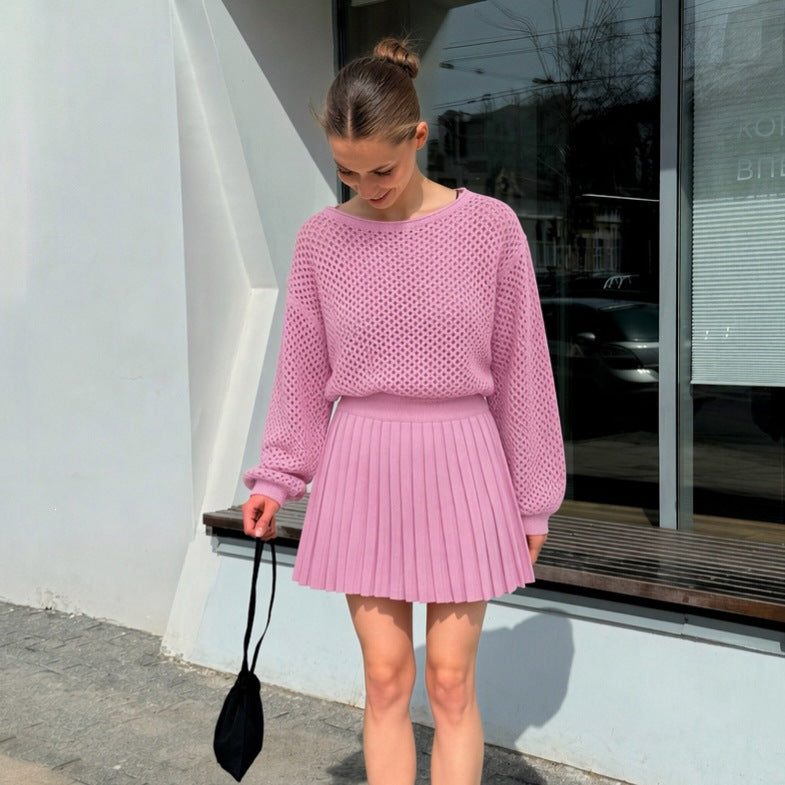 Damen oversized Netzstrickpullover mit plissiertem Minirock-Set Nord Taschen