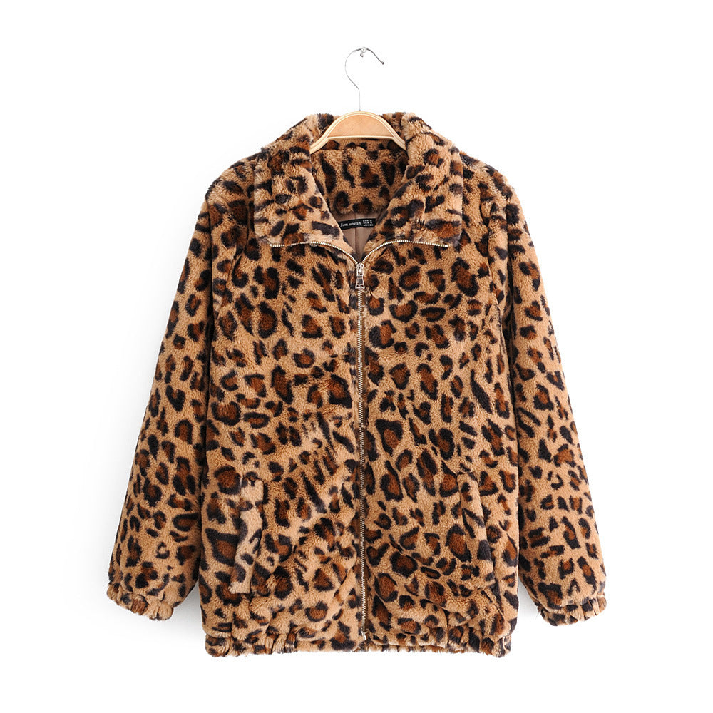 Damen Kunstfelljacke mit Leopardenmuster, durchgehendem Reißverschluss und elastischem Saum Nord Taschen