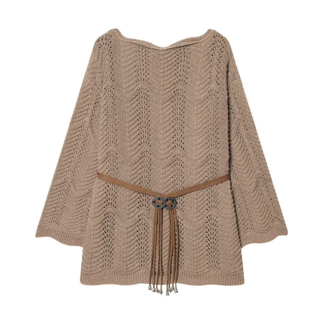 Damen Strickponcho mit Zickzack‑Ajourmuster und Taillengürtel Nord Taschen
