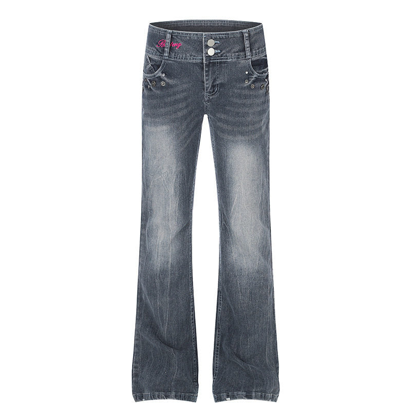 Damen High‑Waist Flared-Jeans mit weitem Bein, Doppelknopf und Nieten-Detail Nord Taschen