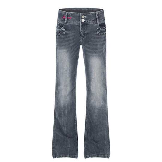 Damen High‑Waist Flared-Jeans mit weitem Bein, Doppelknopf und Nieten-Detail Nord Taschen
