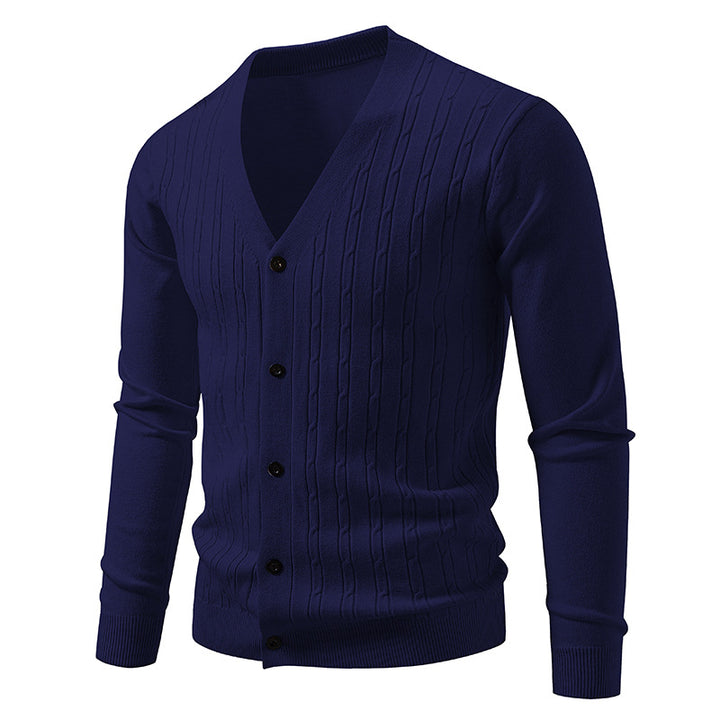Herren Feinstrick-Cardigan mit tiefem V-Ausschnitt schmaler Passform und vertikalem Zopfstrick Nord Taschen