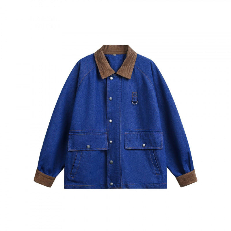 Unisex Kastige Denim-Workerjacke mit Cordkragen, Pattentaschen und D‑Ring Nord Taschen