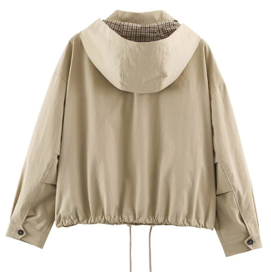 Damen Leichte Kapuzenjacke im Boxy‑Schnitt mit Kordelzug und Karofutter Nord Taschen