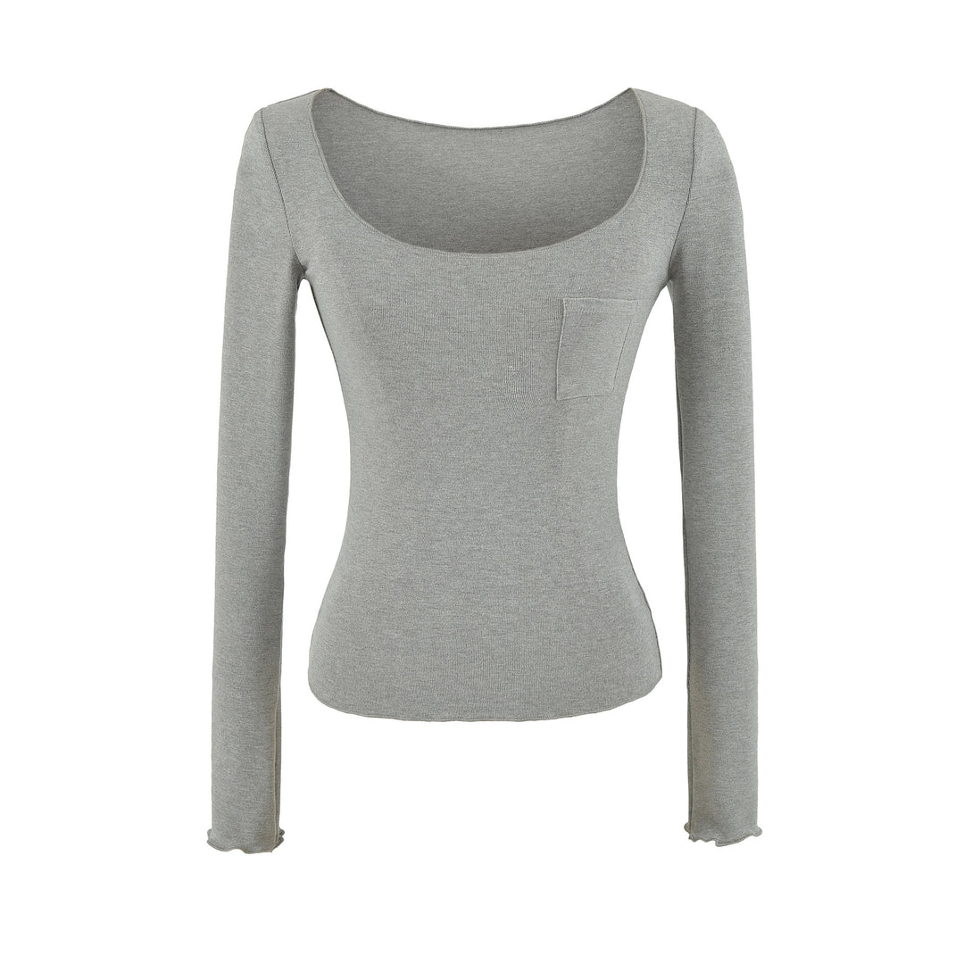 Damen Figurbetontes geripptes Langarmshirt mit weitem Quadrat-Ausschnitt und Brusttasche Nord Taschen