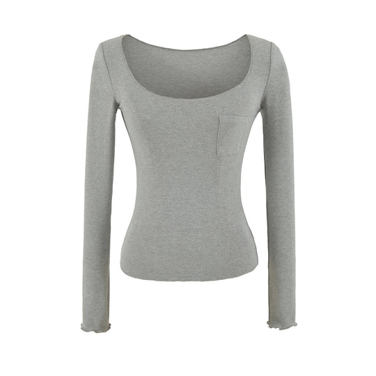 Damen Figurbetontes geripptes Langarmshirt mit weitem Quadrat-Ausschnitt und Brusttasche Nord Taschen