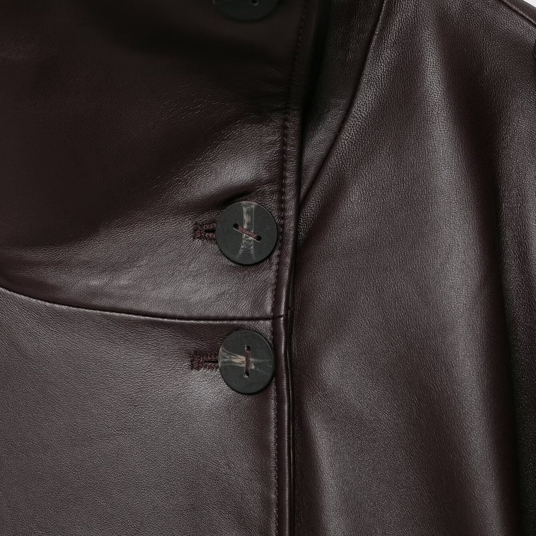 Damen Kurze Leder-Trenchcoat-Jacke mit hohem Stehkragen, doppelreihiger Knopfleiste und Taillengürtel Nord Taschen