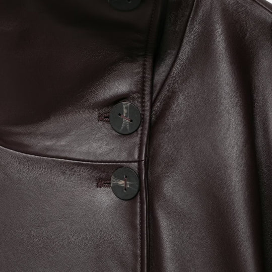 Damen Kurze Leder-Trenchcoat-Jacke mit hohem Stehkragen, doppelreihiger Knopfleiste und Taillengürtel Nord Taschen
