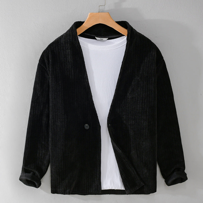 Herren Cord-Overshirt-Sakko mit V-Ausschnitt und Ein-Knopfverschluss Nord Taschen