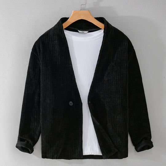 Herren Cord-Overshirt-Sakko mit V-Ausschnitt und Ein-Knopfverschluss Nord Taschen