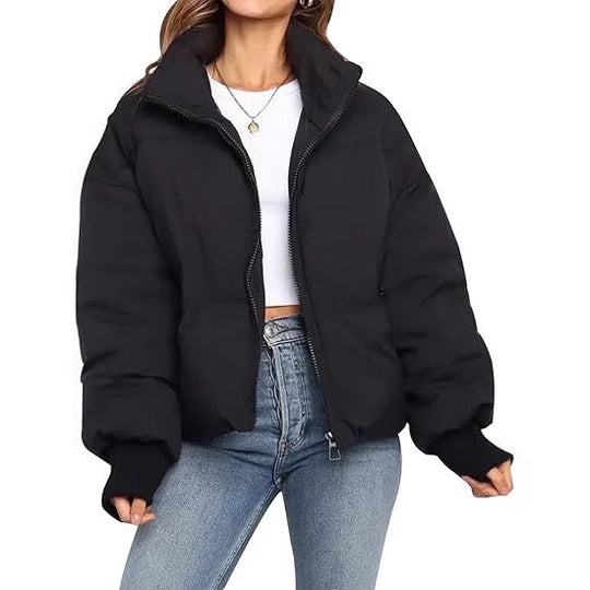 Damen Kurz geschnittene Stepp-Winterjacke mit Stehkragen, Reißverschluss und Rippbündchen Nord Taschen