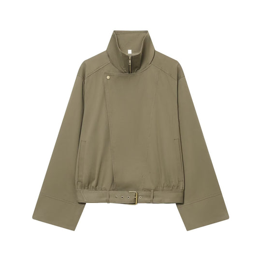 Damen Kurzblouson mit hohem Stehkragen, verdecktem Reißverschluss und Taillengürtel Nord Taschen