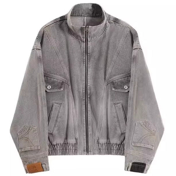 Damen Oversized Jeansjacke mit Stehkragen, Reißverschluss und elastischem Saum Nord Taschen