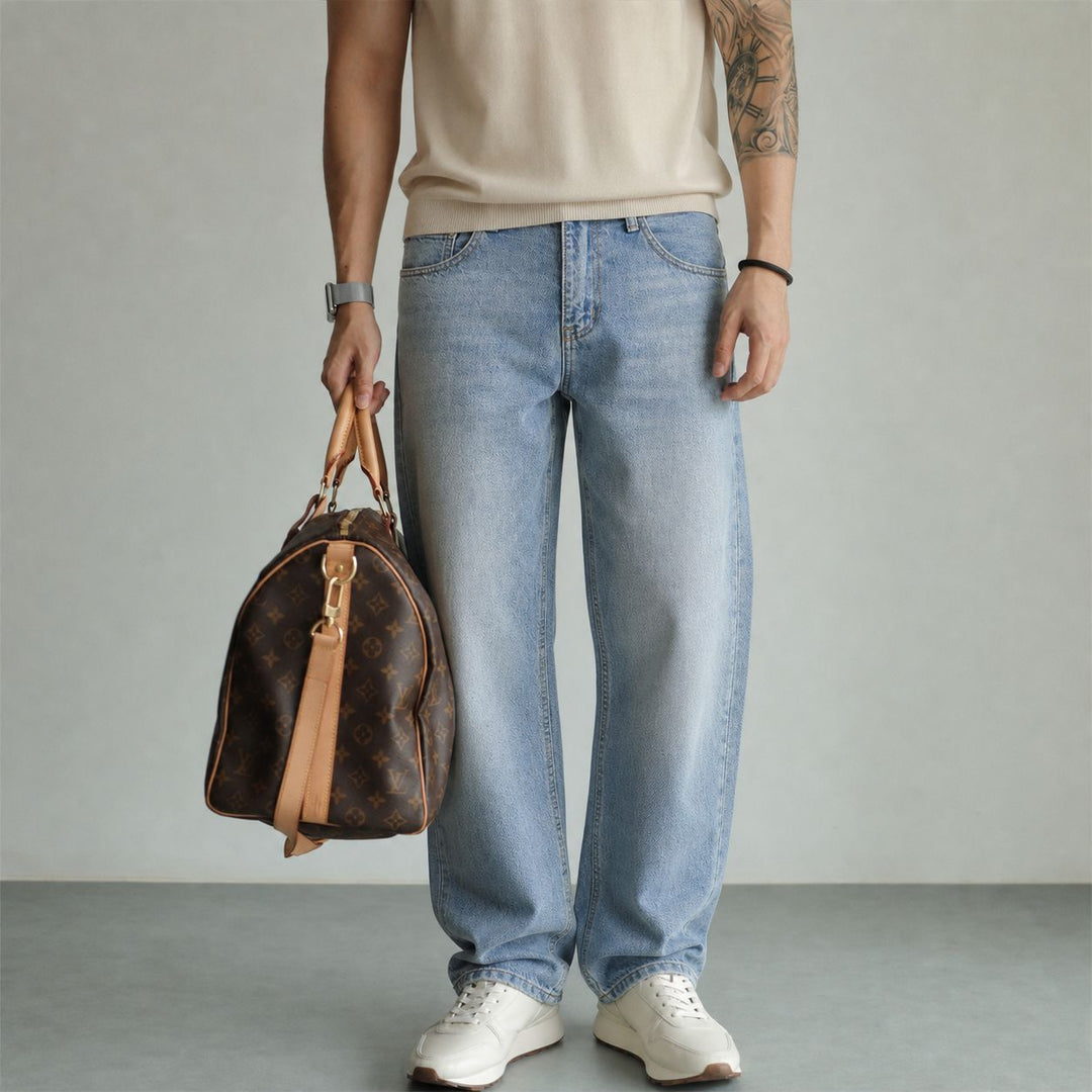 Damen Weite High-Waist Denim-Jeans mit ausgestelltem Bein und Vintage-Waschung Nord Taschen