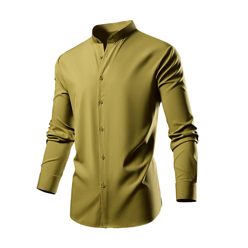 Herren elegantes Langarmhemd mit stehendem Kragen und modernen Knopfdetails