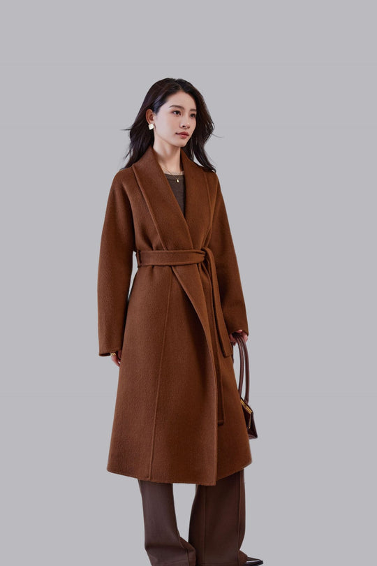 Damen Midilanger Wickelmantel mit Bindegürtel und Schalkragen Nord Taschen