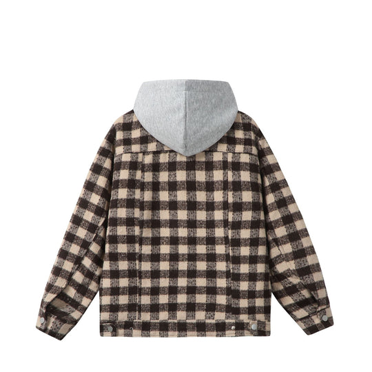Damen Kurzblouson im Shacket‑Stil mit Karo‑Wolloptik und integrierter Sweatkapuze Nord Taschen