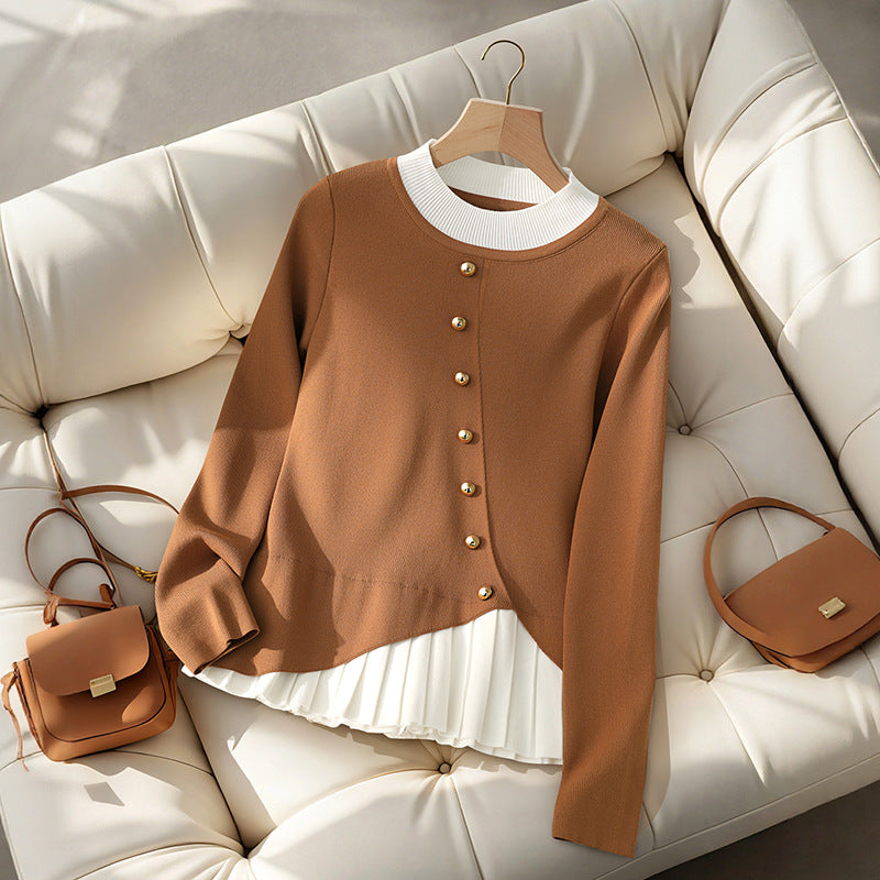 Damen Figurbetonte Strickbluse mit asymmetrischer Knopfleiste und plissiertem Einsatz Nord Taschen