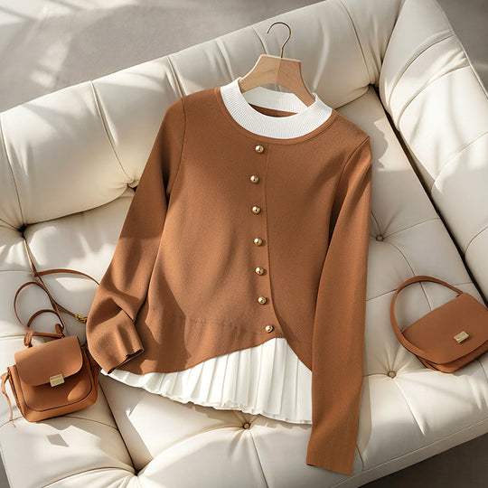 Damen Figurbetonte Strickbluse mit asymmetrischer Knopfleiste und plissiertem Einsatz Nord Taschen