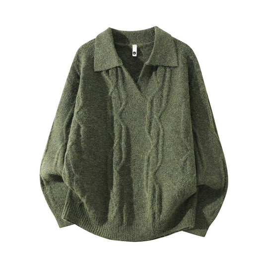 Damen Oversize Mohair‑Optik Zopfstrickpullover mit Polokragen und V‑Ausschnitt Nord Taschen