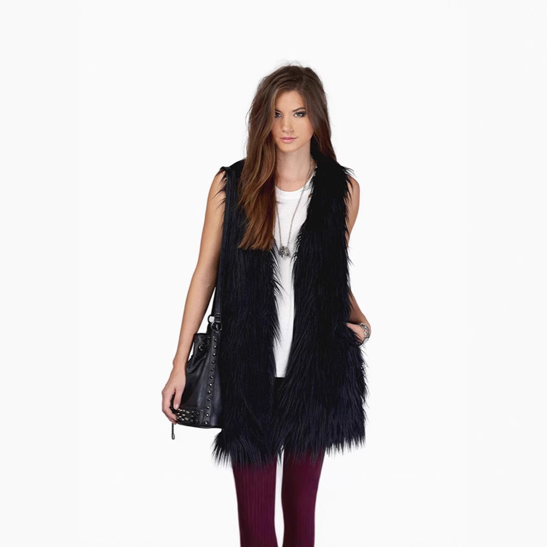 Damen Lange ärmellose Shaggy‑Kunstfellweste mit kaschierender A‑Linie und weichem High‑Pile Nord Taschen