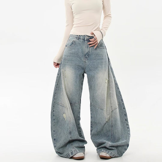 Damen Weitgeschnittene Denim-Hose mit Rissen Nord Taschen