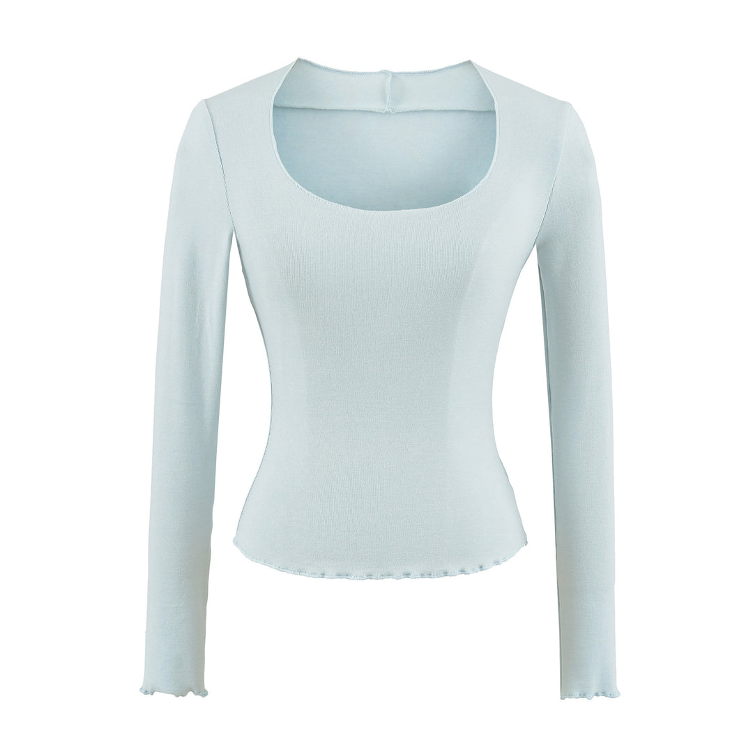 Damen Figurbetontes Langarm-Feinstrickshirt mit quadratischem Ausschnitt und Wellensaum Nord Taschen