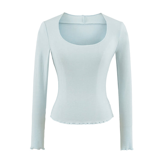 Damen Figurbetontes Langarm-Feinstrickshirt mit quadratischem Ausschnitt und Wellensaum Nord Taschen
