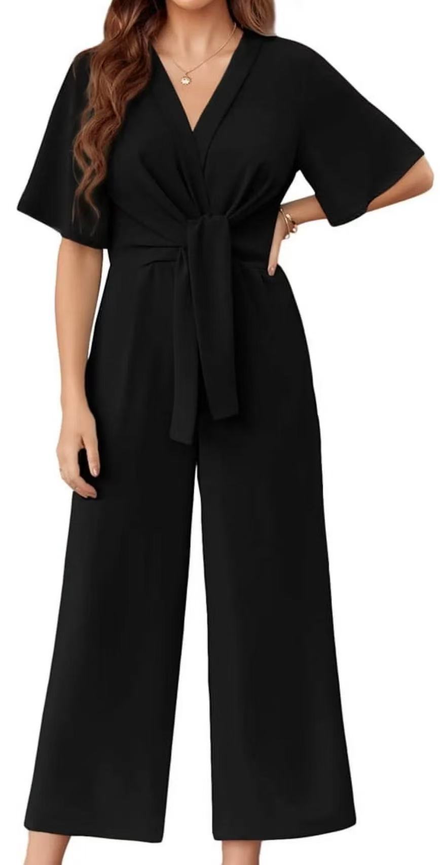Damen eleganter Wickel-Jumpsuit mit weiten Beinen und Taillengürtel
