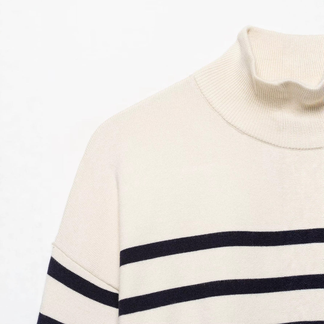 Damen Gestreifter Feinstrick-Pullover mit Halbreißverschluss und Stehkragen Nord Taschen