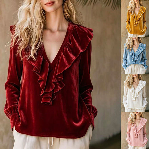 Damen Rüschige V-Ausschnitt-Bluse aus Chiffon mit Volantkragen und elastischen Manschetten Nord Taschen