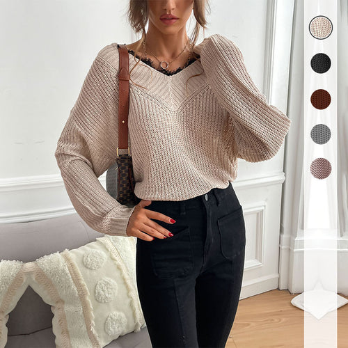 Damen Eleganter Strickpullover mit V-Ausschnitt und großem Muster Nord Taschen