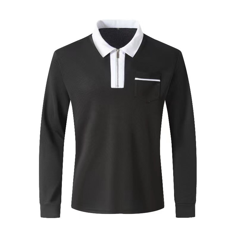 Herren nan elegantes Langarm-Poloshirt mit markantem Stehkragen Metall-Kurzreißverschluss und Brustleistentasche