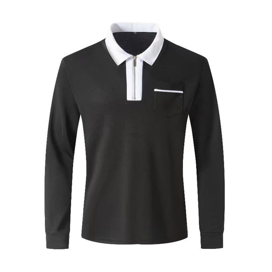 Herren nan elegantes Langarm-Poloshirt mit markantem Stehkragen Metall-Kurzreißverschluss und Brustleistentasche