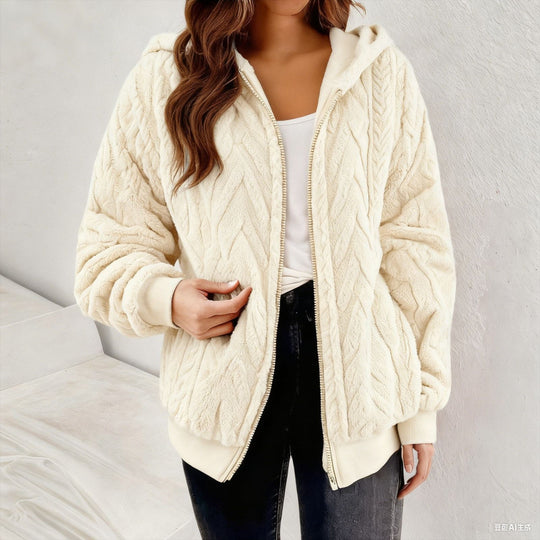 Damen Kapuzen-Teddyjacke mit Reißverschluss, weichem Plüsch und elastischem Bündchen Nord Taschen