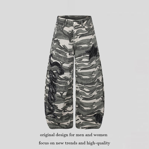 Damen Weite Camouflage‑Palazzo‑Hose mit Ballon‑Saum und dekorativen Stickdetails Nord Taschen
